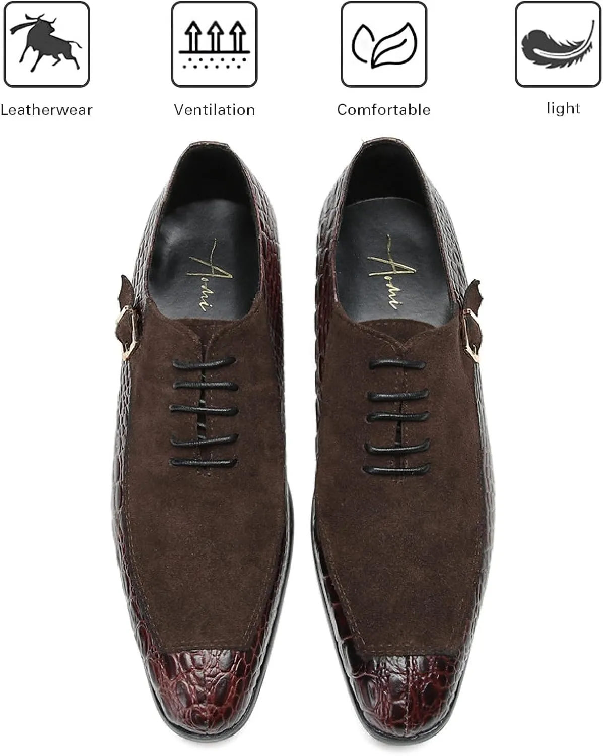Men's Printed Leather Oxford Dress Shoes Fashion Metal Buckle Splice Suede Lace Up Formal Oxfords for Business Wedding Office Leather Shoes
