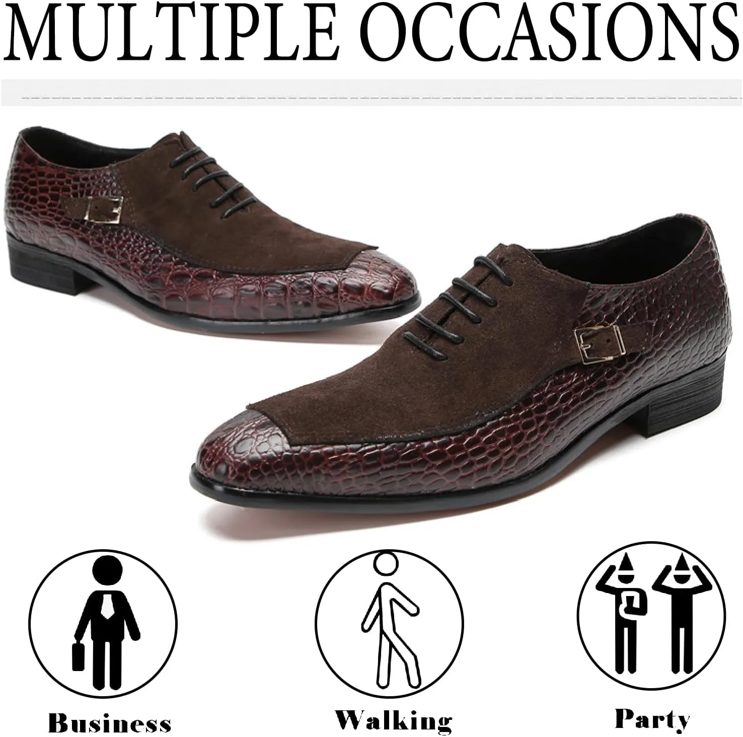 Men's Printed Leather Oxford Dress Shoes Fashion Metal Buckle Splice Suede Lace Up Formal Oxfords for Business Wedding Office Leather Shoes