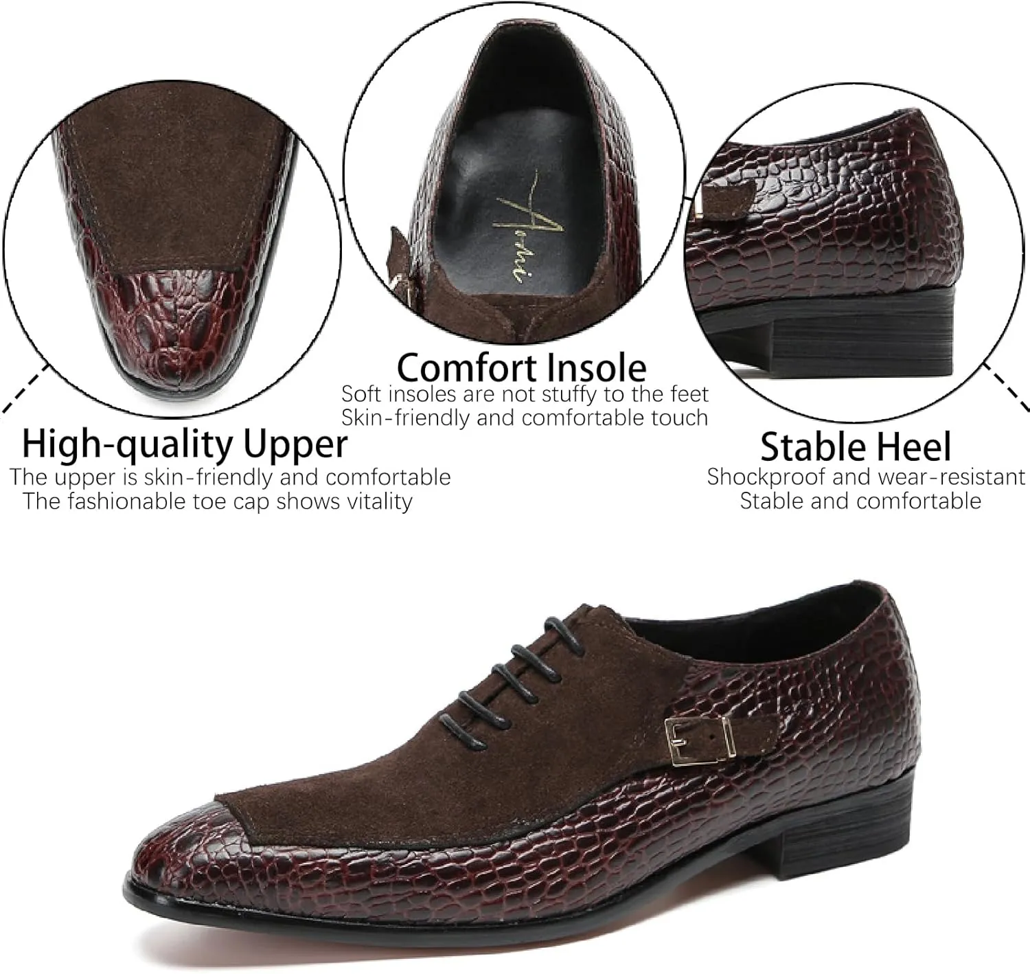 Men's Printed Leather Oxford Dress Shoes Fashion Metal Buckle Splice Suede Lace Up Formal Oxfords for Business Wedding Office Leather Shoes