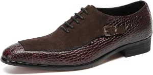 Men's Printed Leather Oxford Dress Shoes Fashion Metal Buckle Splice Suede Lace Up Formal Oxfords for Business Wedding Office Leather Shoes