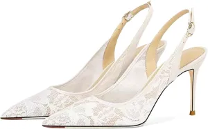 Mesh Lace Kitten Heels for Women, Comfortable Pointed Toe Slip on Slingback Pumps for Wedding Office or Date Night Dress Up