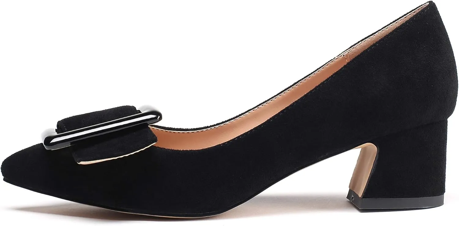 Mettesally Women's Block Heels Chunky Heel Pumps Classic Pointed Toe Slip On Buckle Wedding Office Dress Shoes