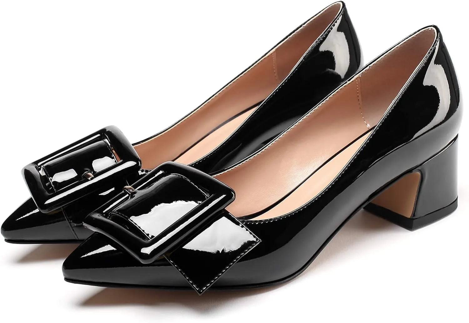 Mettesally Women's Block Heels Chunky Heel Pumps Classic Pointed Toe Slip On Buckle Wedding Office Dress Shoes