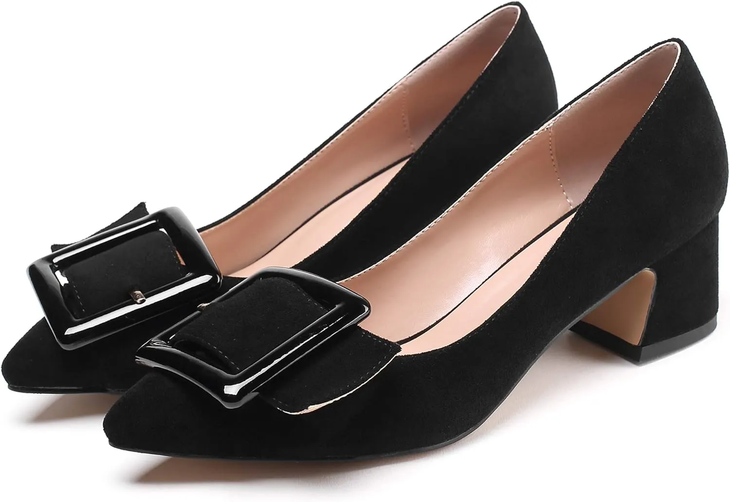 Mettesally Women's Block Heels Chunky Heel Pumps Classic Pointed Toe Slip On Buckle Wedding Office Dress Shoes