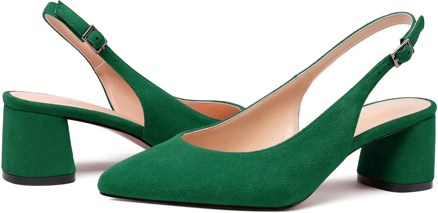 Mettesally Women's Block Slingback Heels Pumps Ankle Strap Round Closed Toe Chunky Heels Wedding Office Dress Shoes