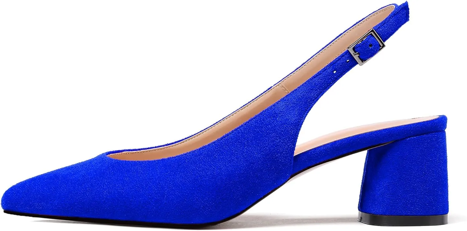 Mettesally Women's Block Slingback Heels Pumps Ankle Strap Round Closed Toe Chunky Heels Wedding Office Dress Shoes