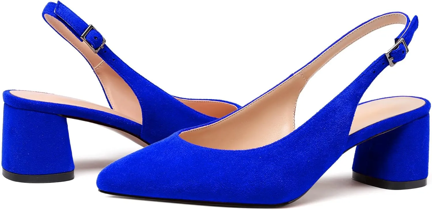 Mettesally Women's Block Slingback Heels Pumps Ankle Strap Round Closed Toe Chunky Heels Wedding Office Dress Shoes