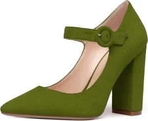 Mettesally Women's Chunky High Heel Mary Jane Pumps Closed Pointed Toe Work Church Wedding Dress Shoes