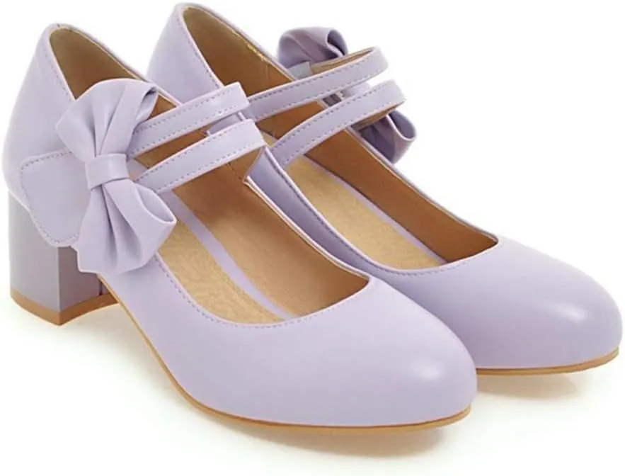 MIOKE Women's Chunky Mid Block Heel Mary Jane Pumps Round Toe Sweet Bows Comfy Wedding Evening Dress Shoes
