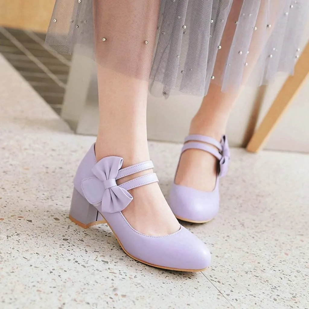 MIOKE Women's Chunky Mid Block Heel Mary Jane Pumps Round Toe Sweet Bows Comfy Wedding Evening Dress Shoes