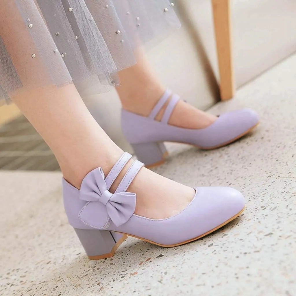 MIOKE Women's Chunky Mid Block Heel Mary Jane Pumps Round Toe Sweet Bows Comfy Wedding Evening Dress Shoes