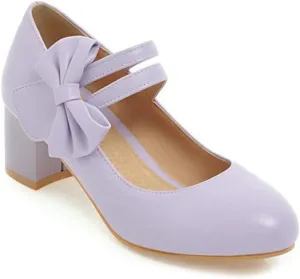 MIOKE Women's Chunky Mid Block Heel Mary Jane Pumps Round Toe Sweet Bows Comfy Wedding Evening Dress Shoes