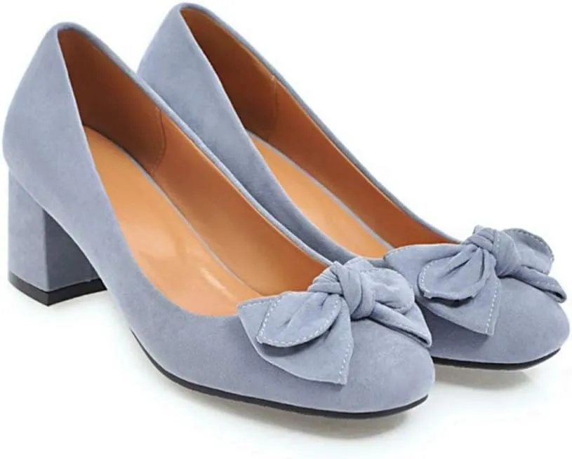 MIOKE Women's Square Toe Chunky Mid Block Heel Pumps Suede Slip-On Casual Comfort Work Office Dress Shoes