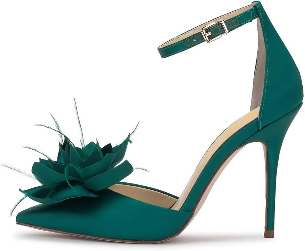 miss left Women Fashion Fur Pointy Toe D'Orsay Pumps with Ankle Strap Flowers Stiletto High Heel Sandals Wedding Event Shoes Size 4-16 US