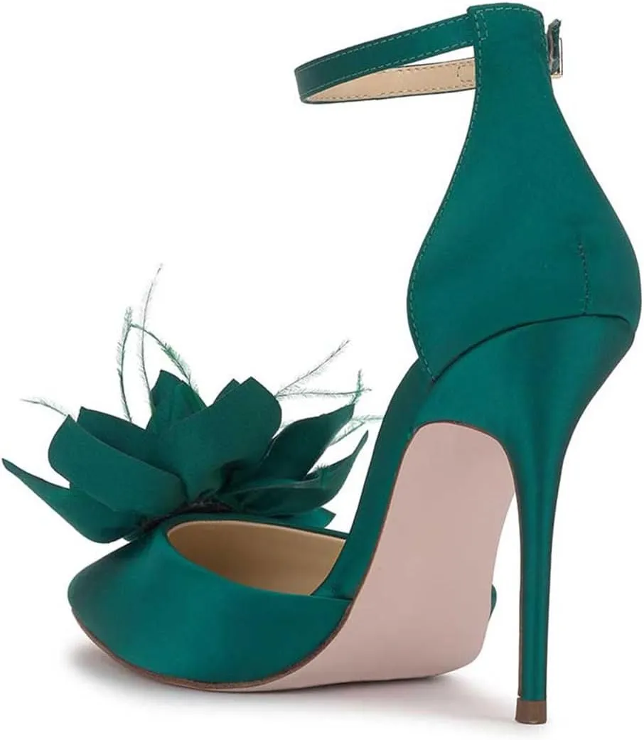 miss left Women Fashion Fur Pointy Toe D'Orsay Pumps with Ankle Strap Flowers Stiletto High Heel Sandals Wedding Event Shoes Size 4-16 US
