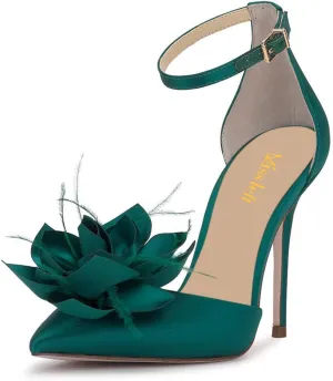 miss left Women Fashion Fur Pointy Toe D'Orsay Pumps with Ankle Strap Flowers Stiletto High Heel Sandals Wedding Event Shoes Size 4-16 US