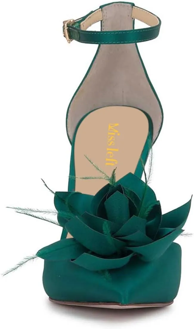 miss left Women Fashion Fur Pointy Toe D'Orsay Pumps with Ankle Strap Flowers Stiletto High Heel Sandals Wedding Event Shoes Size 4-16 US