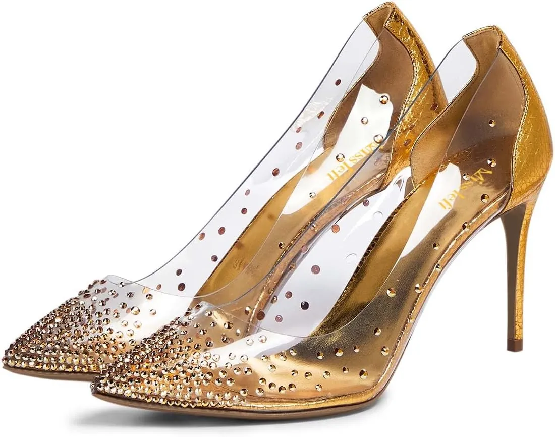 miss left Womens Closed Pointy Toe Stiletto Heel Pumps Mid High Heeled Slip On Rhinestones Shoes for Daily Party Ballroom Size 4-16 US