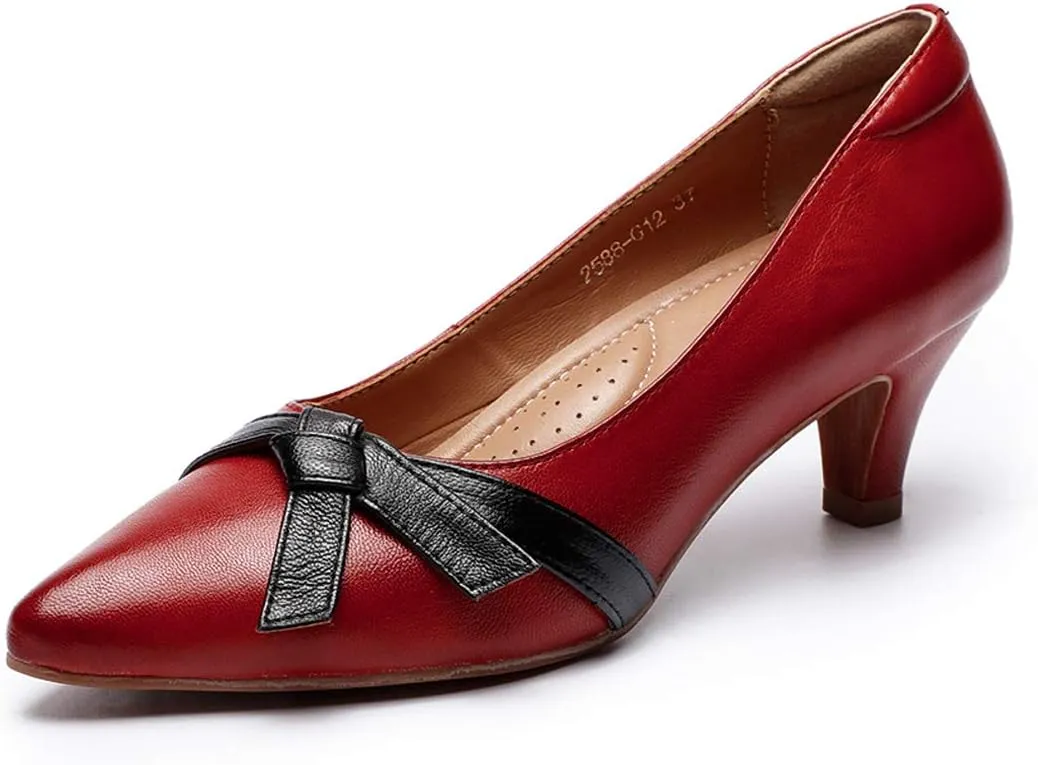 Mona flying Womens Leather Elegant Pointed Toe Bowknot Pumps Ladies Kitten Heels Dressy Casual Office Work Shoes