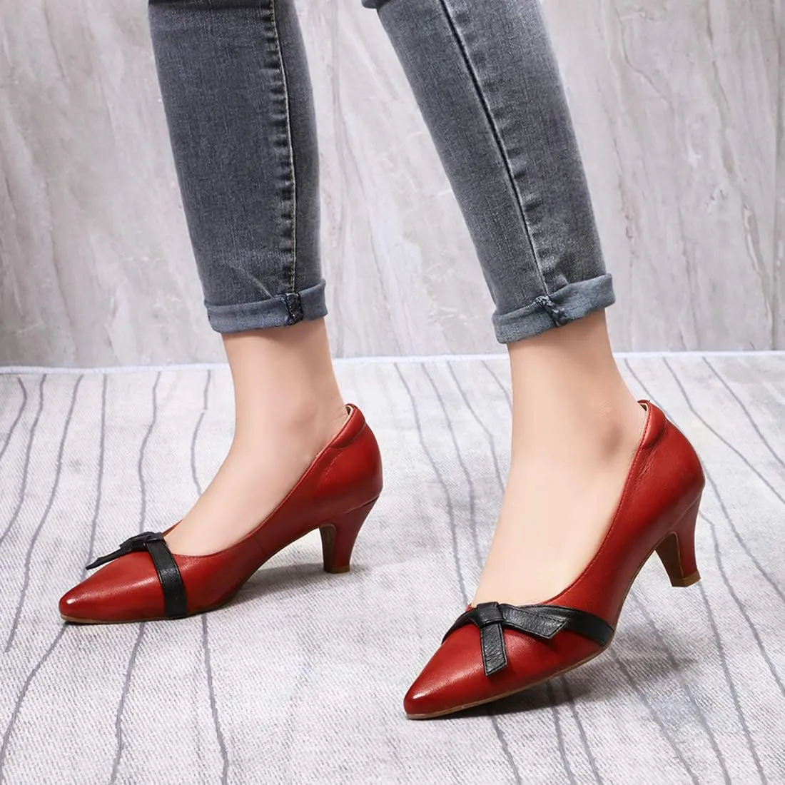 Mona flying Womens Leather Elegant Pointed Toe Bowknot Pumps Ladies Kitten Heels Dressy Casual Office Work Shoes