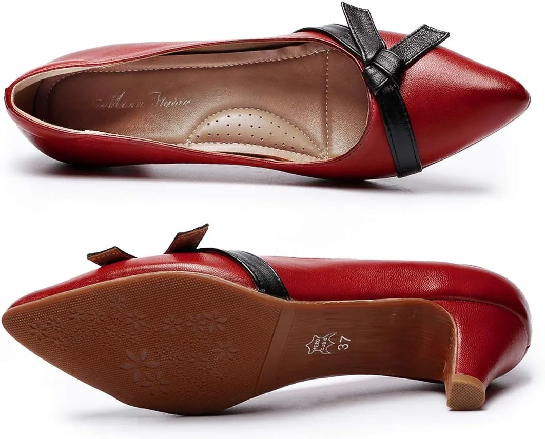 Mona flying Womens Leather Elegant Pointed Toe Bowknot Pumps Ladies Kitten Heels Dressy Casual Office Work Shoes