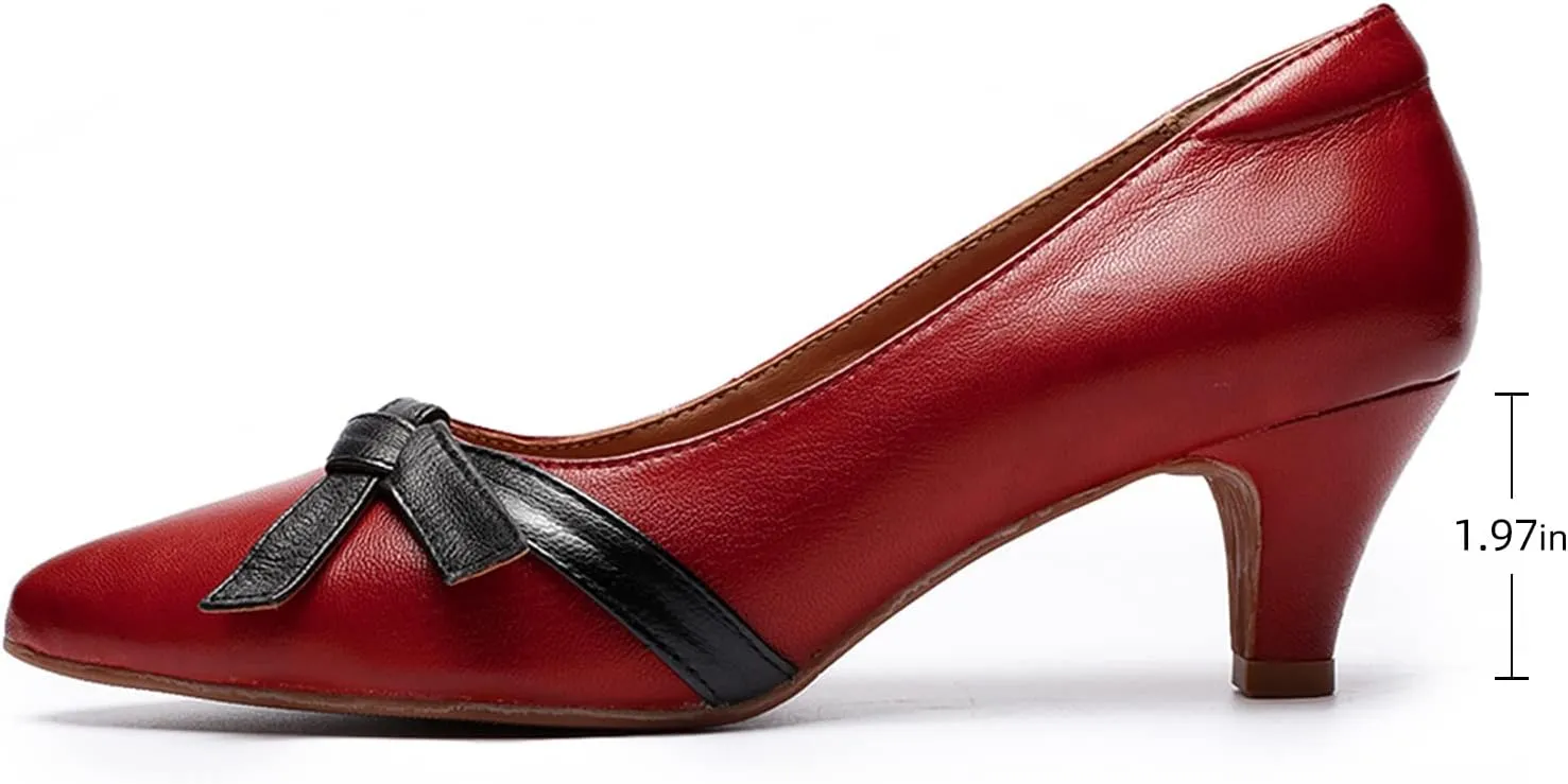 Mona flying Womens Leather Elegant Pointed Toe Bowknot Pumps Ladies Kitten Heels Dressy Casual Office Work Shoes