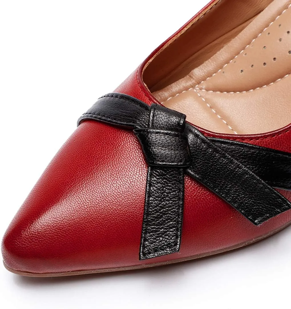 Mona flying Womens Leather Elegant Pointed Toe Bowknot Pumps Ladies Kitten Heels Dressy Casual Office Work Shoes
