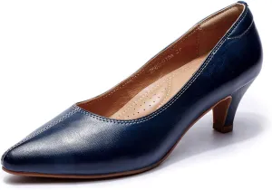 Mona flying Women's Leather Pump Med Heel Pointed Toe Office Dress Shoes for Ladies