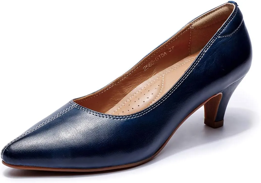 Mona flying Women's Leather Pump Med Heel Pointed Toe Office Dress Shoes for Ladies