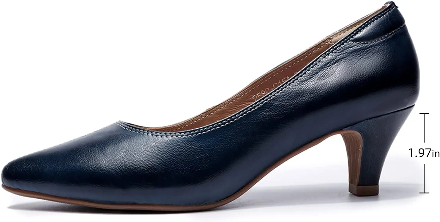 Mona flying Women's Leather Pump Med Heel Pointed Toe Office Dress Shoes for Ladies