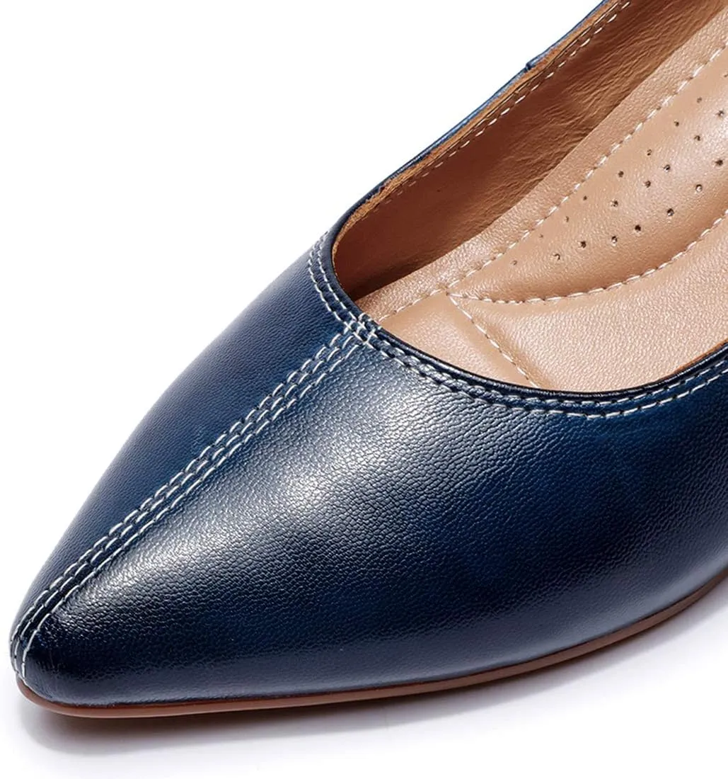Mona flying Women's Leather Pump Med Heel Pointed Toe Office Dress Shoes for Ladies