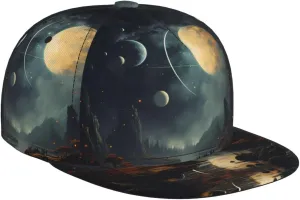 Moon Stars and Planets Outdoor Sports Baseball Cap, Daily Sports Adjustable Fashionable Flat Brim hat, Unisex Four-Season Outdoor Sports Cap, Black