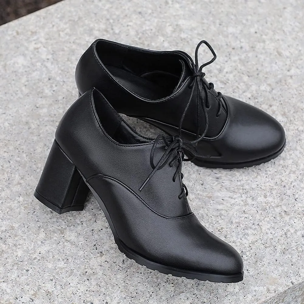 MRKEWUNEY Classic Womens Lace Up Wingtip Pump Pointed Toe Block High Heels