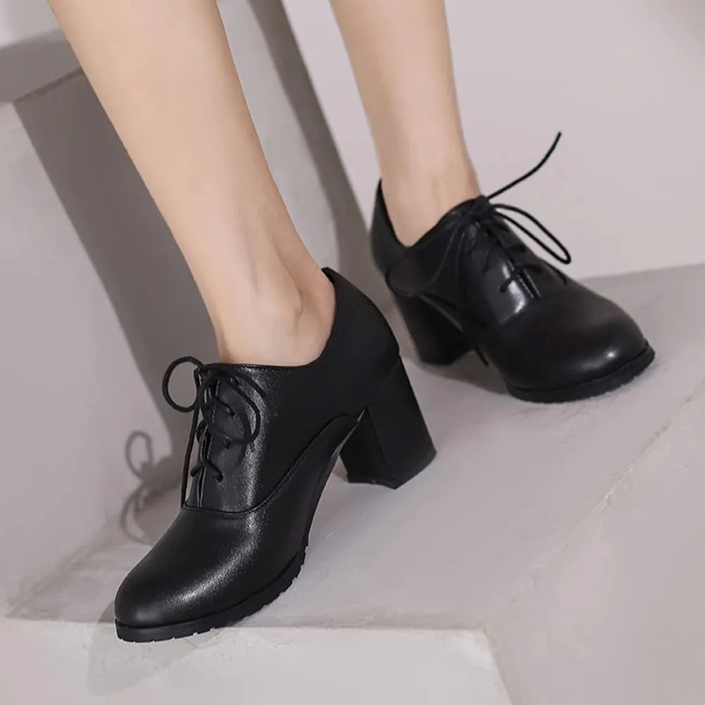 MRKEWUNEY Classic Womens Lace Up Wingtip Pump Pointed Toe Block High Heels
