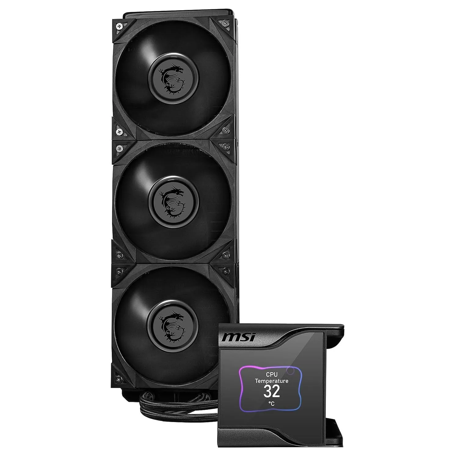 MSI MEG CORELIQUID S360 AIO CPU Liquid Cooler - 2.4" IPS Display, 7th Gen Asetek Pump, VRM Fan, 3 x Silent Gale P12 Fans, Evaporation-Proof Tubing, MSI Center Customizable - AMD & Intel Compatible