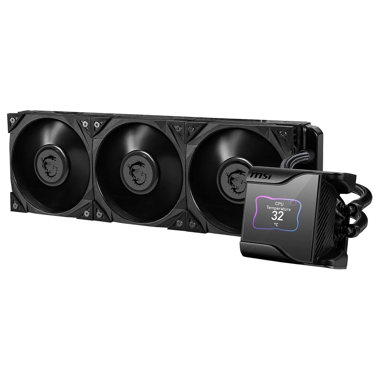 MSI MEG CORELIQUID S360 AIO CPU Liquid Cooler - 2.4" IPS Display, 7th Gen Asetek Pump, VRM Fan, 3 x Silent Gale P12 Fans, Evaporation-Proof Tubing, MSI Center Customizable - AMD & Intel Compatible