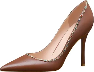 MSONLYDN Pumps Casual High Heels Women Stiletto High Heels Pump Leather Elegant Slip On for Women Dress Wedding 3.74 inch