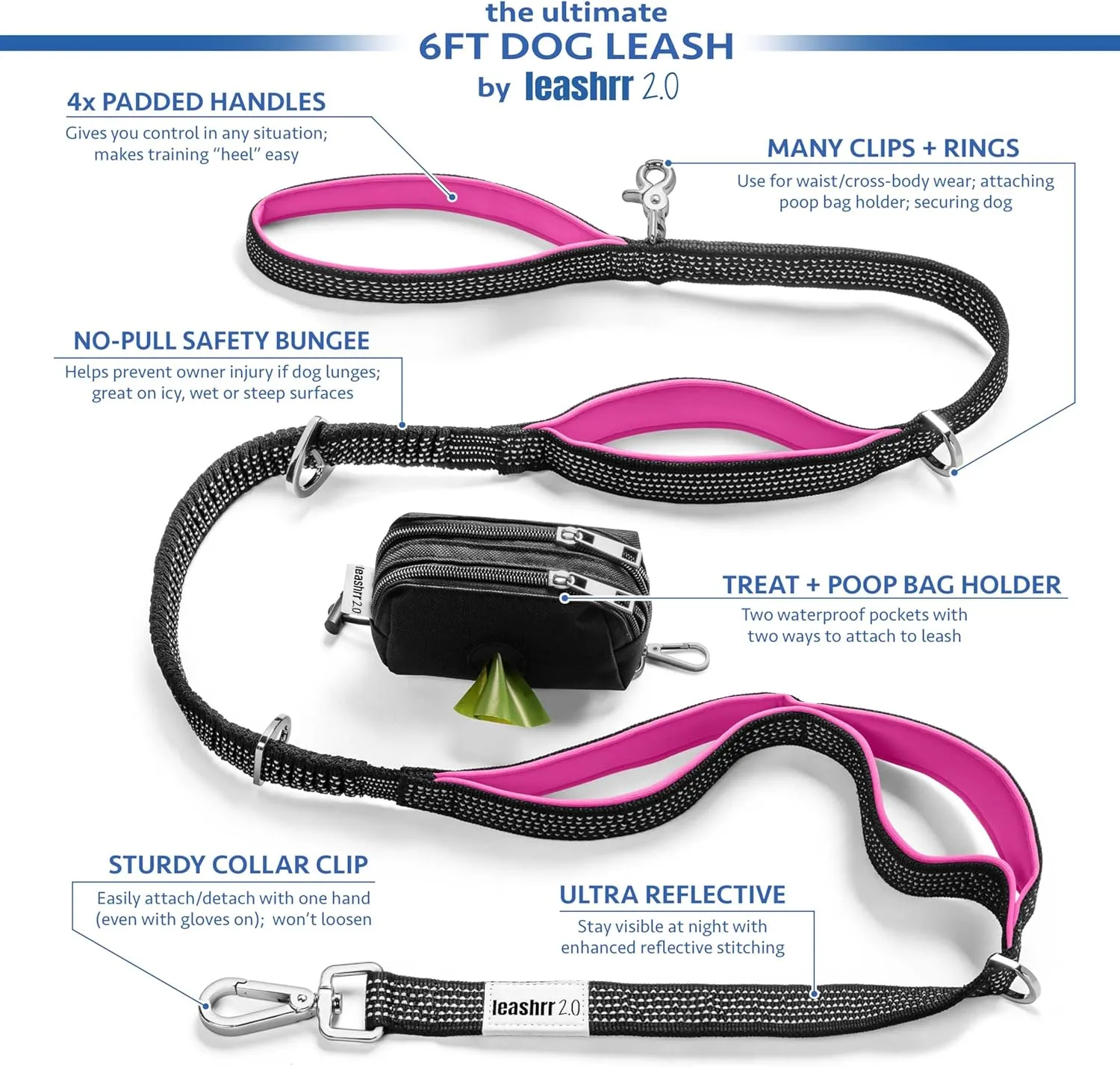 No Pull Dog Leash - Heavy Duty, Durable Bungee, 4 Padded Traffic Handles, Strong Carabiner Clips and Rings, Poop Bag Holder, Highly Reflective, 6 ft, Large Breeds by Leashrr 2.0 (Teal)