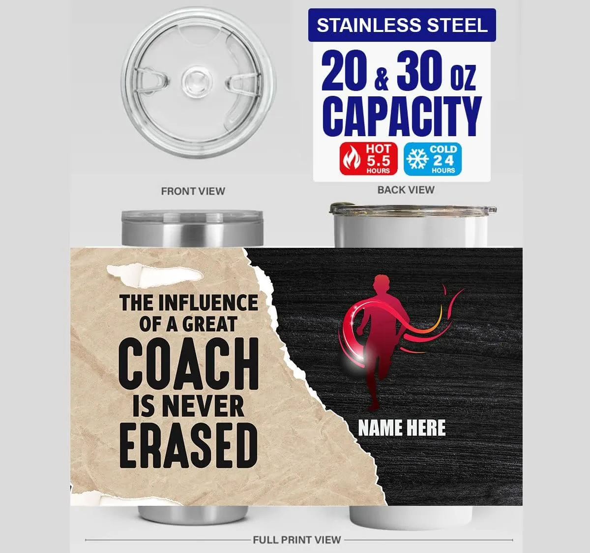 Personalized Athletics Appreciation Tumbler The Influence Of A Great Trainer Is Never Erased Tumblers 20oz Insulated Stainless Steel For Sport Player Birthday Christmas