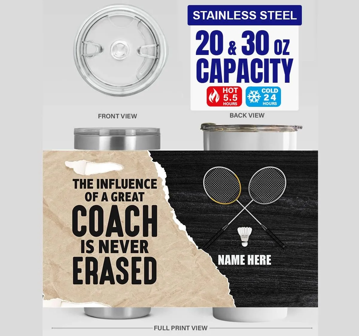 Personalized Badminton Appreciation Tumbler The Influence Of A Great Trainer Is Never Erased Tumblers 20oz Insulated Stainless Steel For Sport Player Birthday Christmas