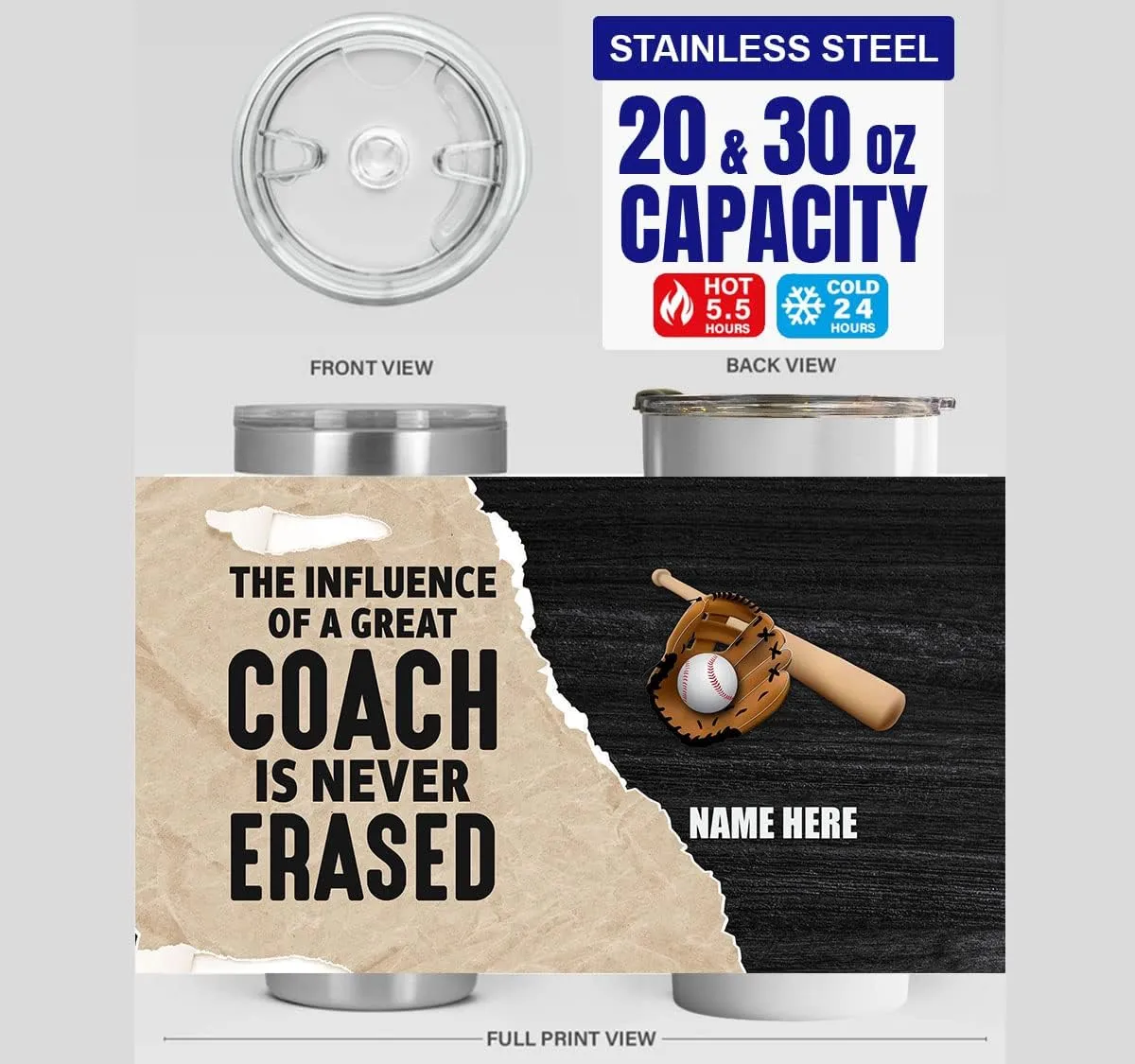 Personalized Baseball Appreciation Tumbler The Influence Of A Great Trainer Is Never Erased Tumblers 20oz Insulated Stainless Steel For Sport Player Birthday Christmas