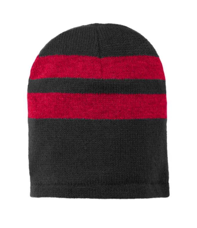 Port & Company Fleece Lined Striped Beanie - Leather Patch
