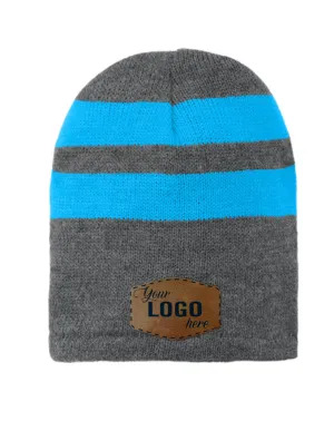 Port & Company Fleece Lined Striped Beanie - Leather Patch