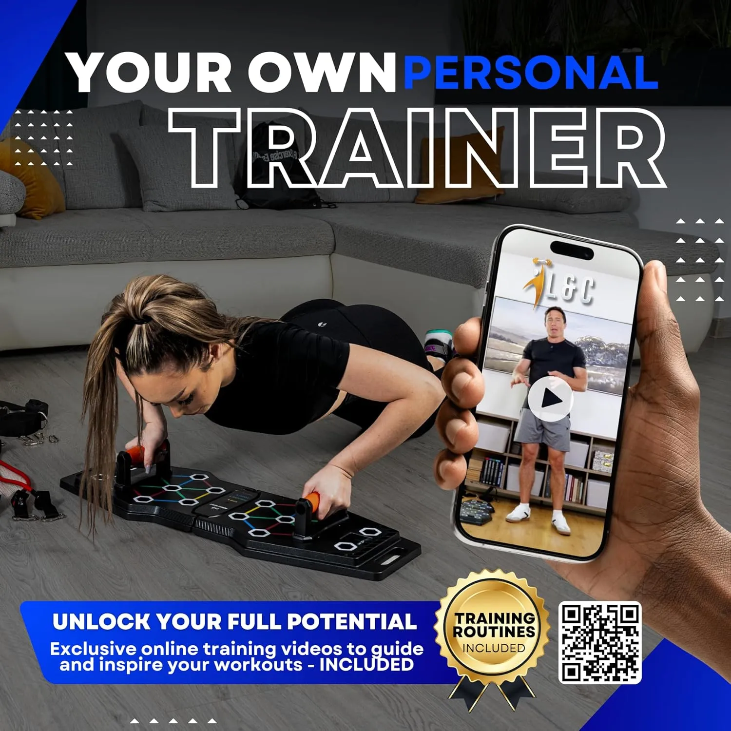 Push Up Board for Full Body Workout at Home - Portable, Joint Friendly, Fun & Motivating Home Workout Equipment with QR Code Guided Workouts - Ideal for Men, Women, Teens - L&C Exercise Essentials