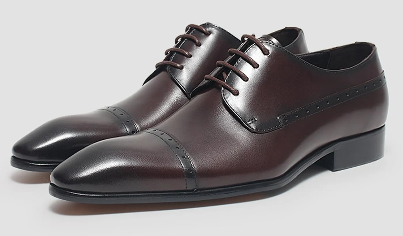Santimon Men’s Leather Cap Toe Oxfords Dress Shoes – Lace-Up Brogue Formal Derby Shoes with Cushioned Insole & Slip-Resistant Sole for Business, Office & Wedding