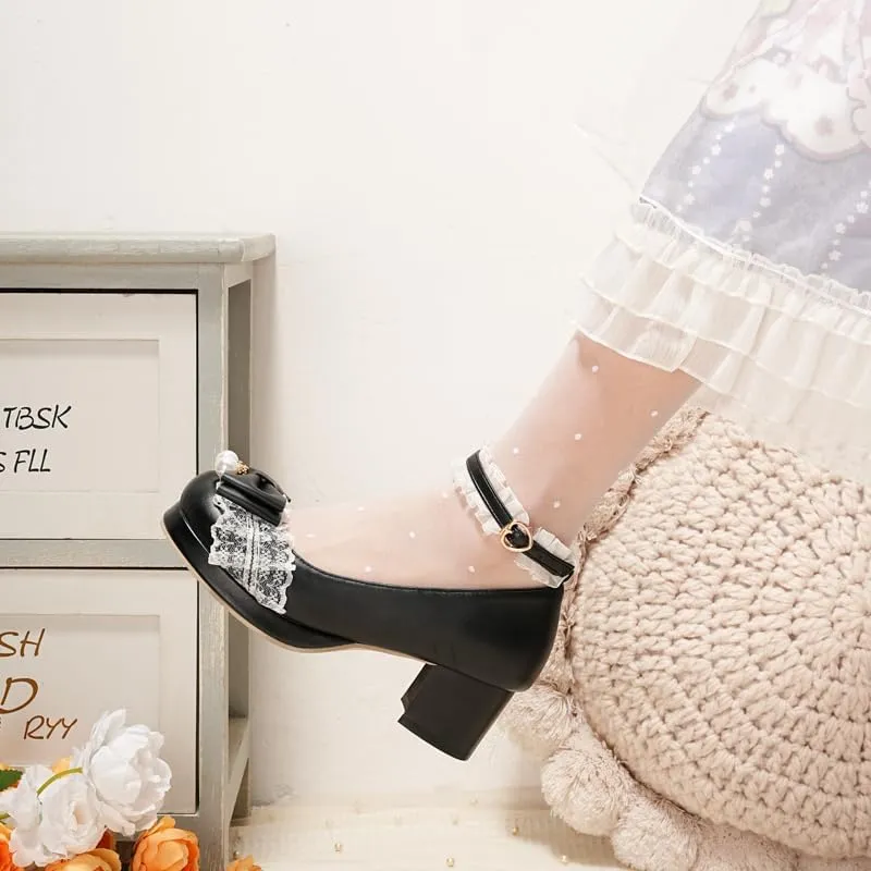 Seborluys Women's Sweet Lolita Cosplay Shoes Mid Chunky Heel Kawaii Platform Mary Jane Dress Pumps Ankle Strap with Lace Bow