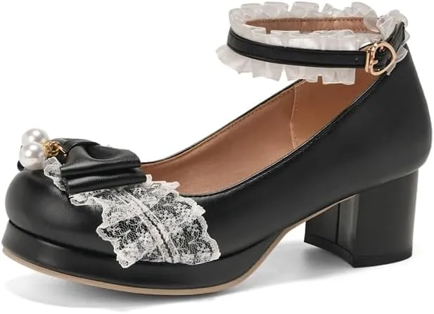 Seborluys Women's Sweet Lolita Cosplay Shoes Mid Chunky Heel Kawaii Platform Mary Jane Dress Pumps Ankle Strap with Lace Bow