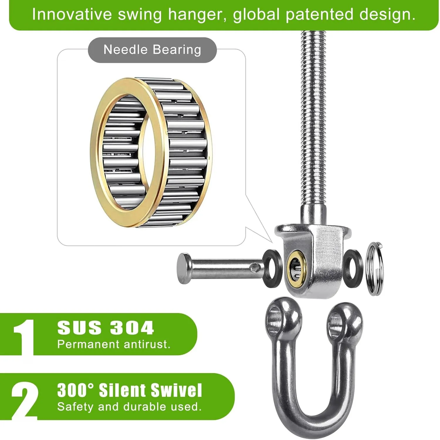 SELEWARE Heavy Duty Stainless Steel Swing Hangers with Bearings (Set of 4), Swing Bolts M10 x 9", 1800LB Capacity for Wood & Steel Beams, Yoga Hammock, Porch Swing