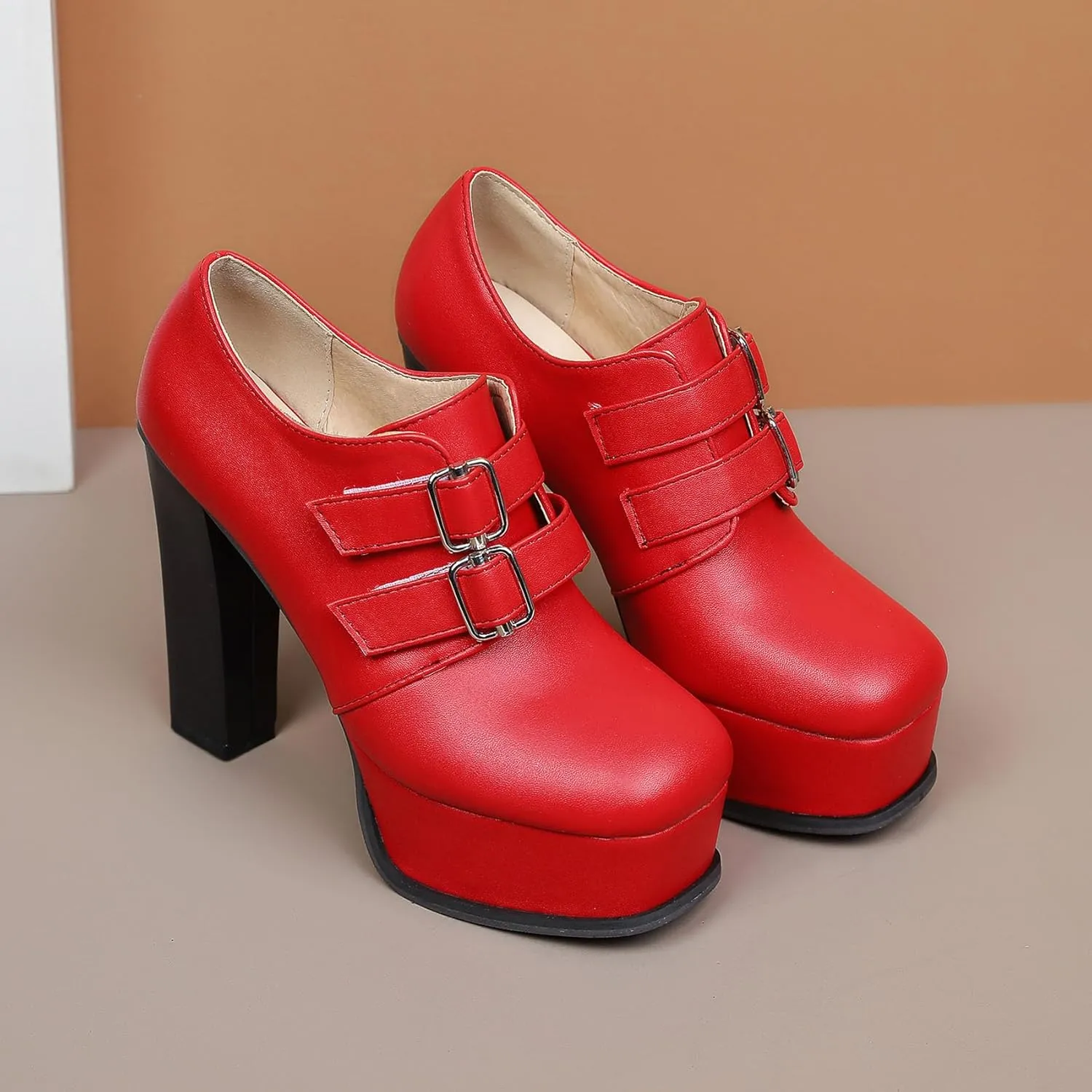 SHEMEE Women's Super High Heel Platform Pumps Block Chunky Heels Ankle Booties Buckle Pull On Dress Shoes