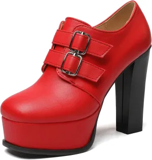 SHEMEE Women's Super High Heel Platform Pumps Block Chunky Heels Ankle Booties Buckle Pull On Dress Shoes